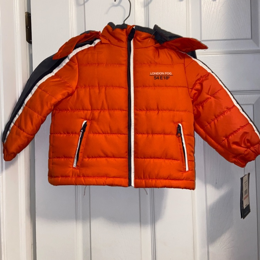 London Fog Toddler Boy Puffer Coat with Knit Cap Orange Gray Size 2T NWT